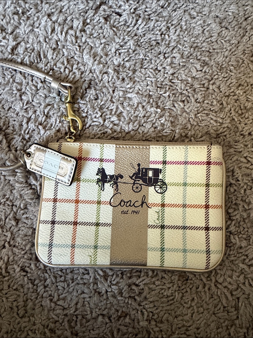 Coach Beige Plaid Wristlet with Multicolor Accents